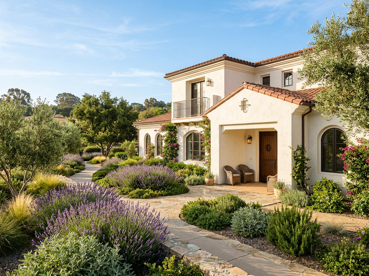 A warm, welcoming assisted living community in Orange County with sage landscaping and blue skies.