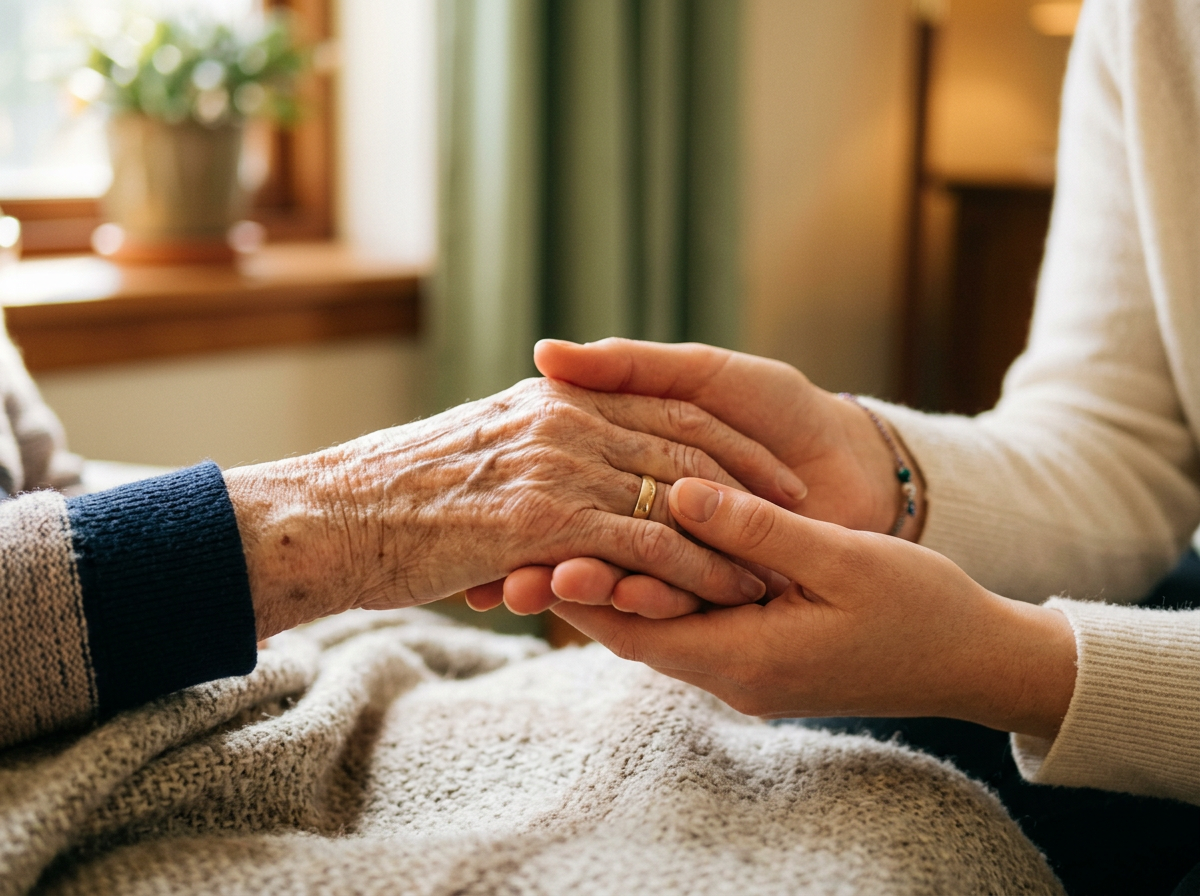 A younger woman gently holding an elderly woman's hand.