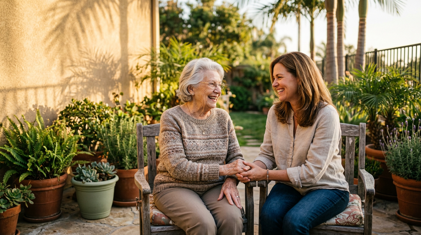 An Orange County family sharing a quiet, hopeful moment on a sunlit patio.
