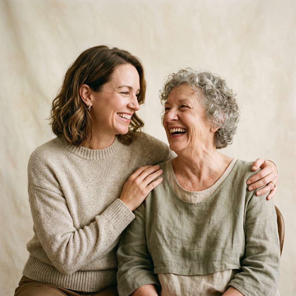 An adult daughter laughing with her elderly mother.