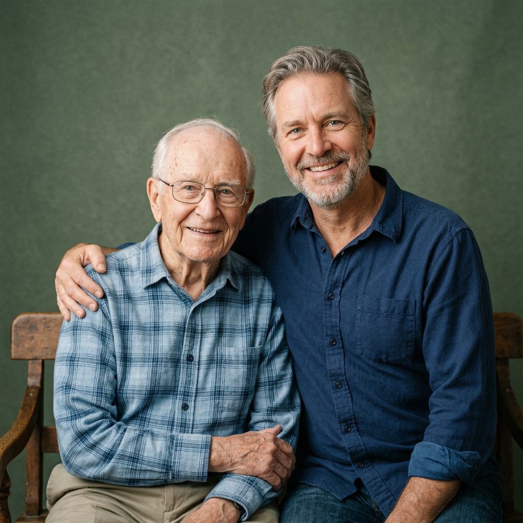 An adult son and his elderly father.