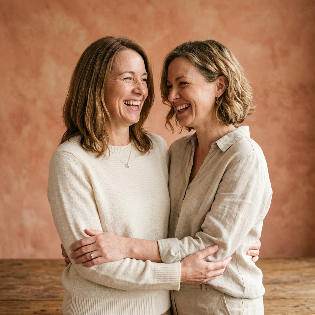 Two adult sisters, family caregivers, laughing together.