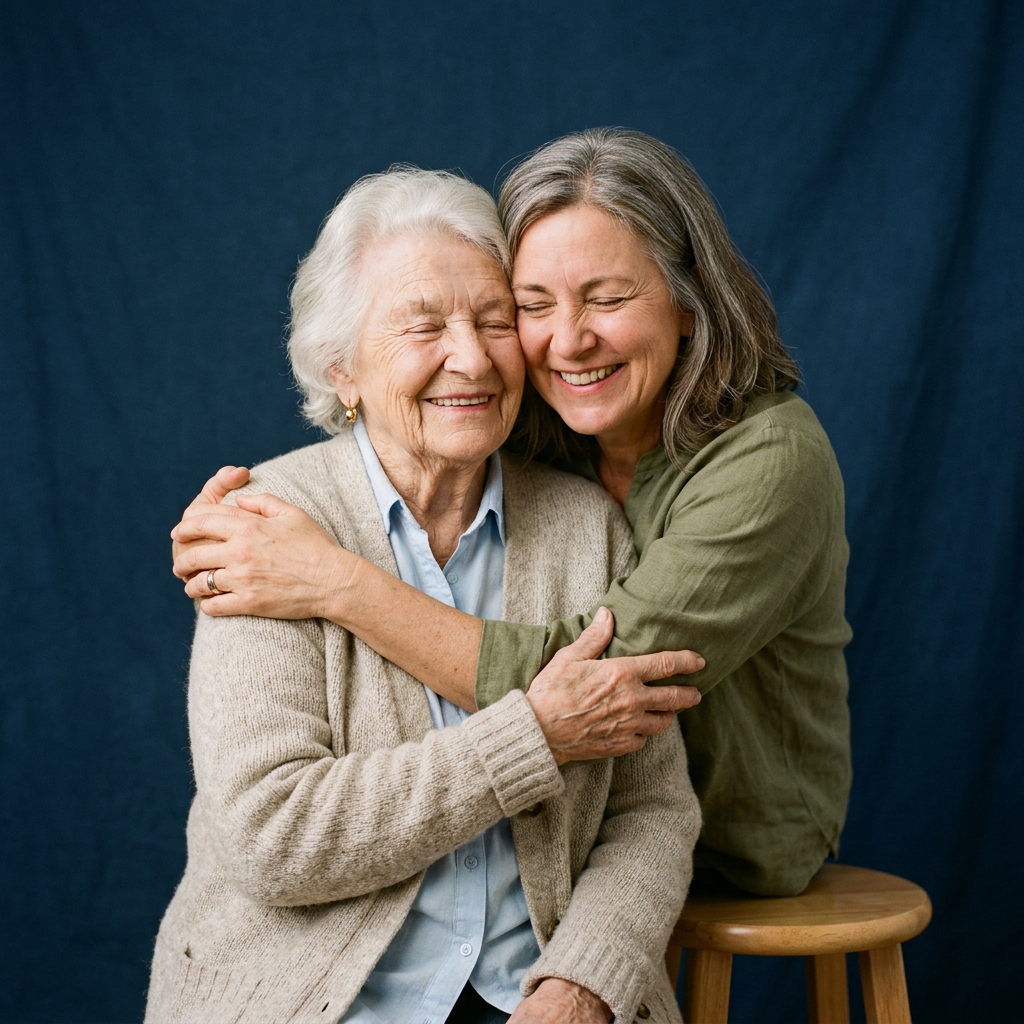 An adult daughter hugging her elderly mother.