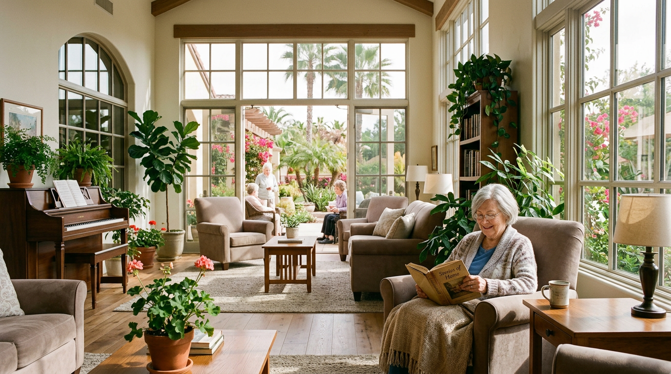 A bright, comfortable assisted living community common room with warm sunlight and a woman reading.