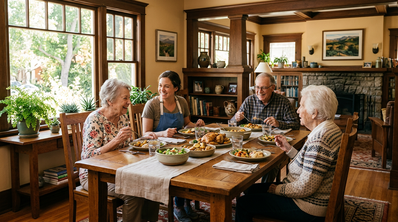 A warm craftsman-style home dining room with residents and a caregiver sharing a family-style meal.