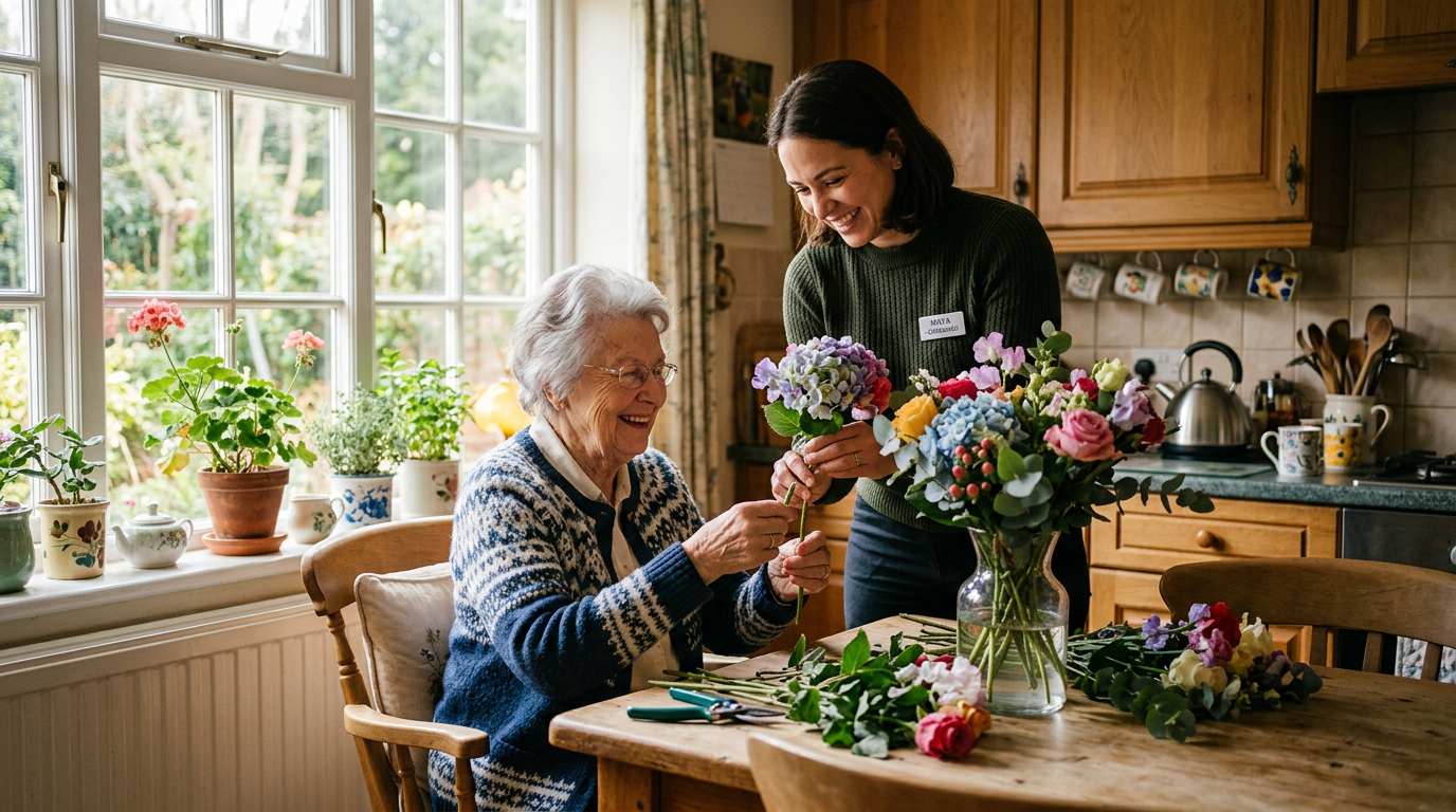 A friendly caregiver helping a senior arrange flowers in her own kitchen at home.