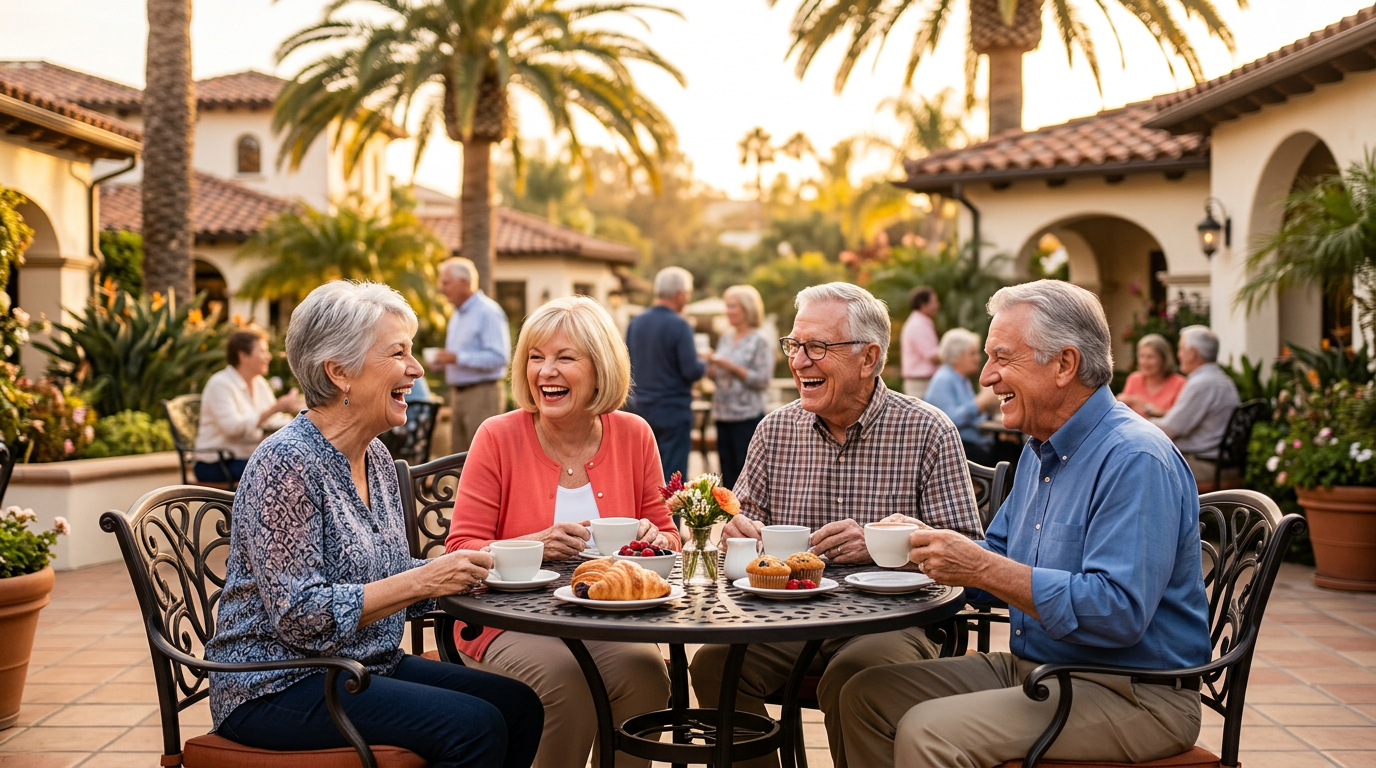 A group of happy active seniors enjoying coffee together at an outdoor cafe in a senior community.