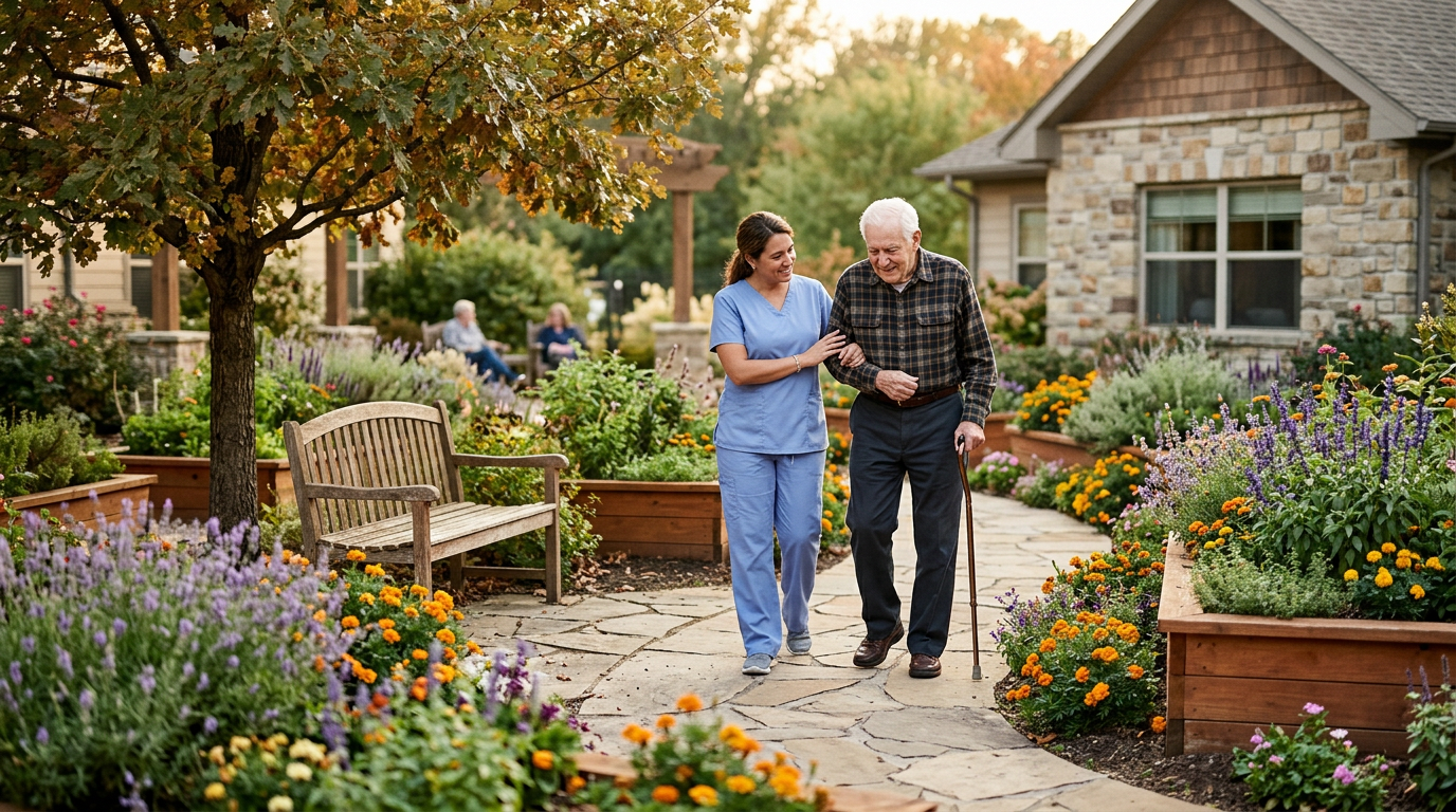A quiet, safe memory care garden courtyard with a caregiver walking alongside a resident.