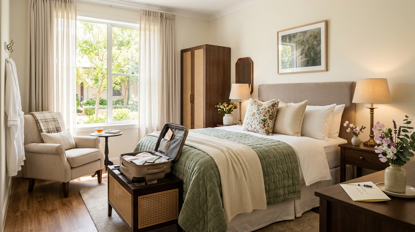 A comfortable, welcoming guest room prepared for a short-term senior stay.